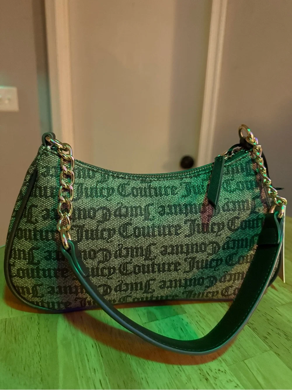 Juicy Couture Black & Brown Logo Chain Shoulder Bag with Flower Charm